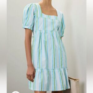 Blockprints Aria Dress Blue and Green Stripes Puff Sleeves Cotton XS